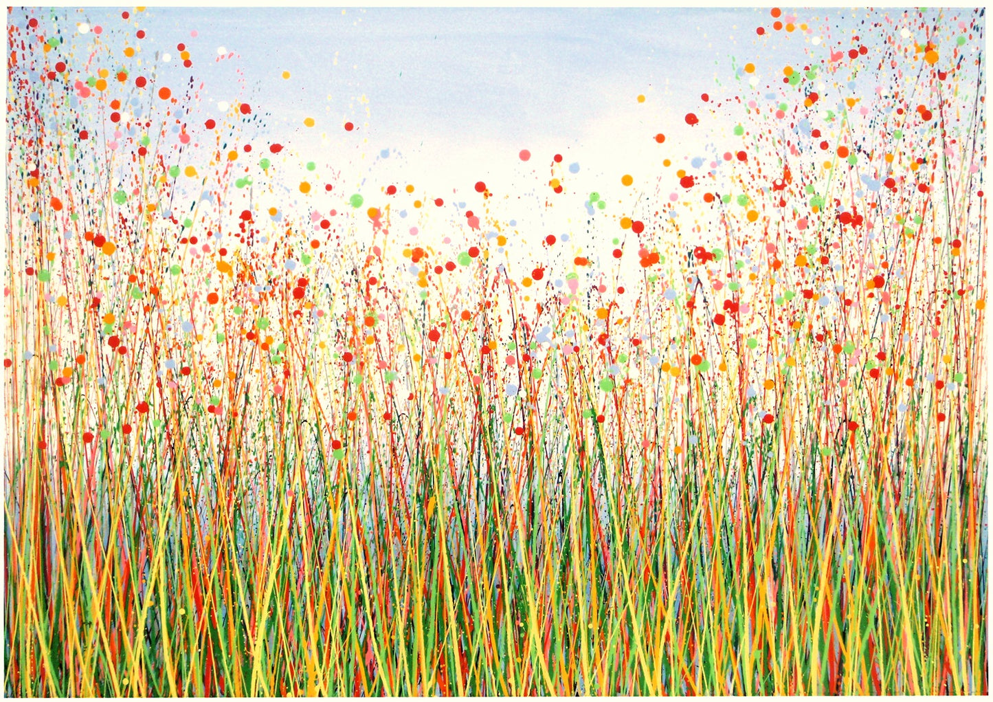 Really big original abstract painting of flowers and grass with a blue sky background