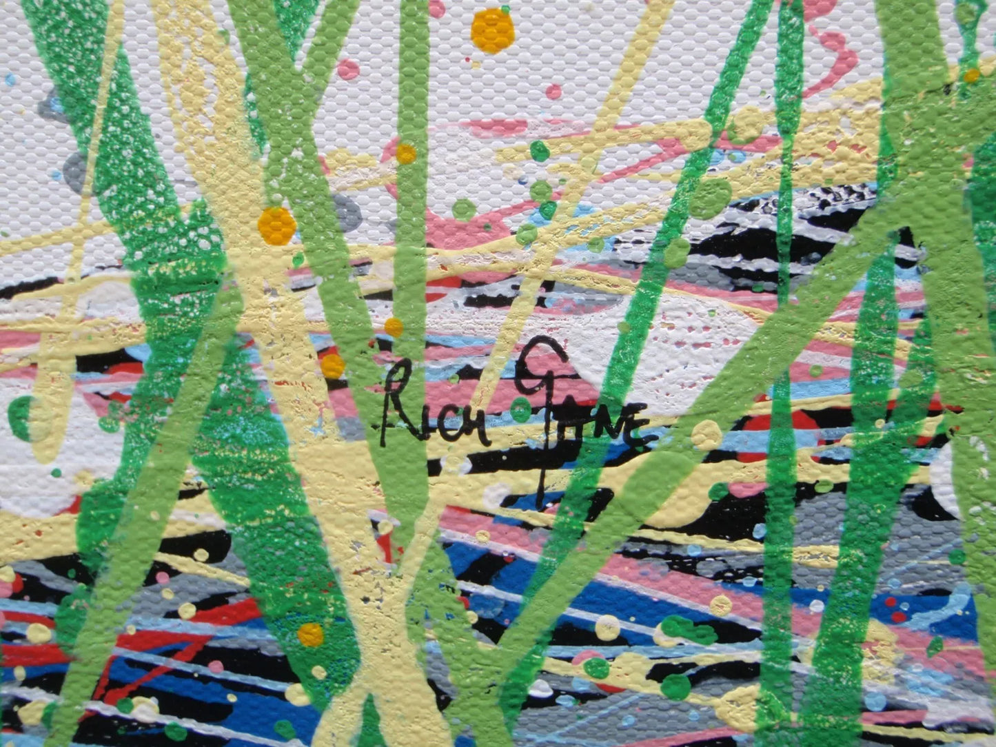 Abstract artwork with colorful lines and patterns, featuring the artist's signature.
