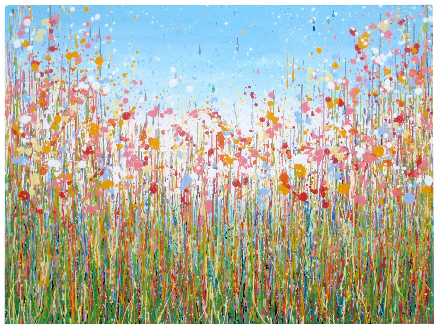 Colourful abstract painting of pink and yellow flowers with a blue sky background, on a massive 149 cm by 112 cm un-stretched canvas - full view
