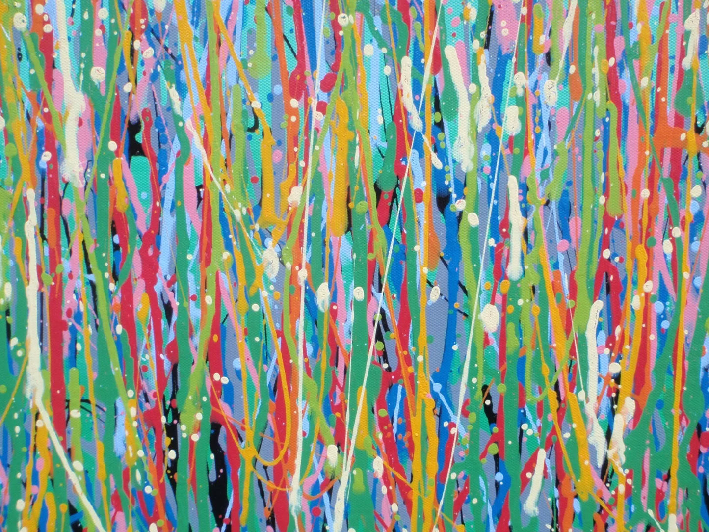 Colourful abstract painting of pink and yellow flowers with a blue sky background, on a massive 149 cm by 112 cm un-stretched canvas - detail