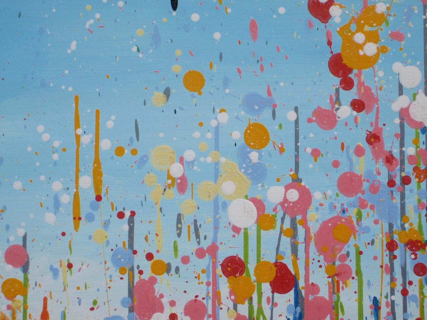 Colourful abstract painting of pink and yellow flowers with a blue sky background, on a massive 149 cm by 112 cm un-stretched canvas - detail