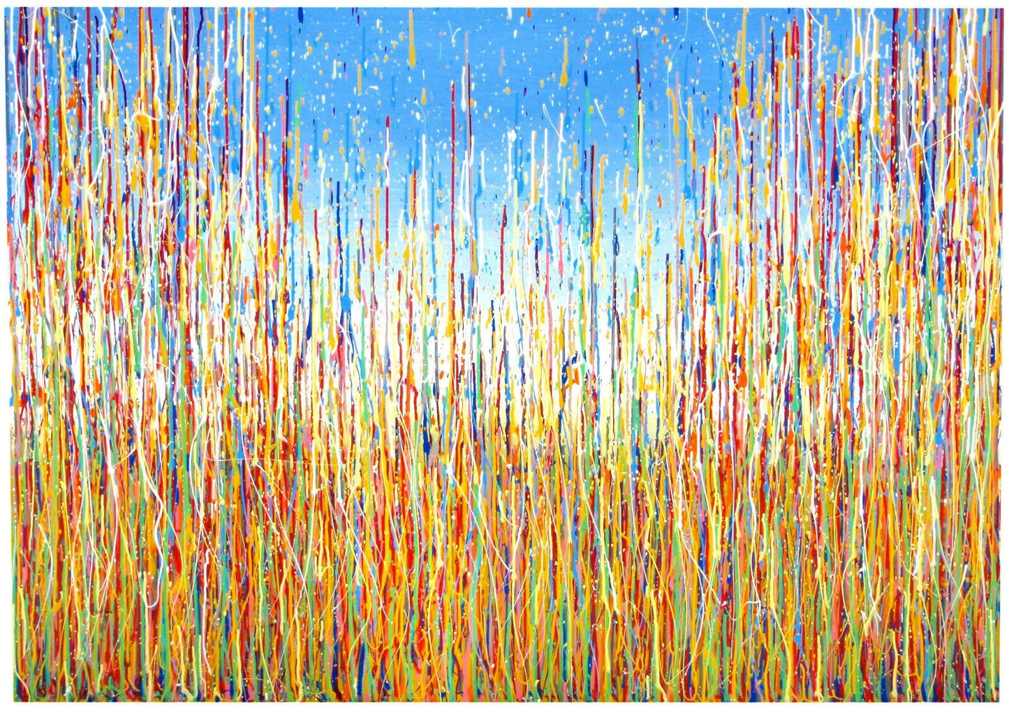 Abstract artwork with colourful vertical drips and lines, underneath a vivid blue sky. Unique and original contemporary wall art on a really big canvas.