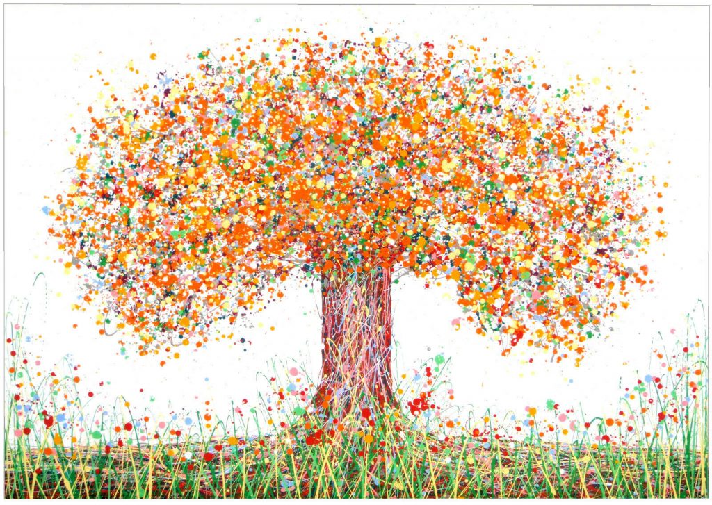 Original oversize dot and spot tree painting on canvas with orange and yellow by Rich Gane