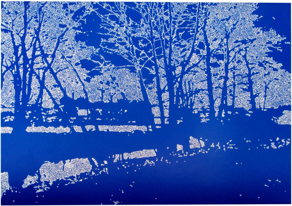 Very large original dot and spot blue and white landscape canvas painting by Rich Gane