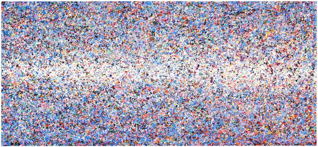 Abstract modern art colourful dot and spot canvas painting by Rich Gane, with a particular emphasis on blue