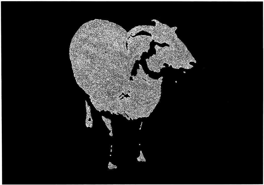Hand painted monochrome black and white spot and dot sheep painting on a very large canvas by Rich Gane