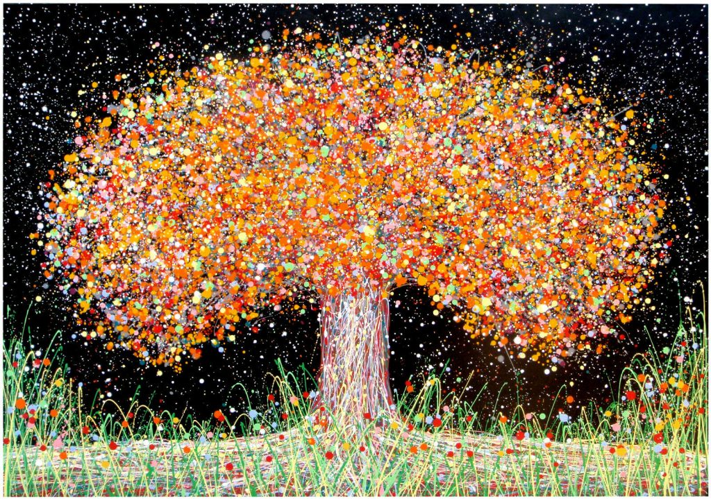 Original large abstract colourful tree painting on a black background by British artist Rich Gane