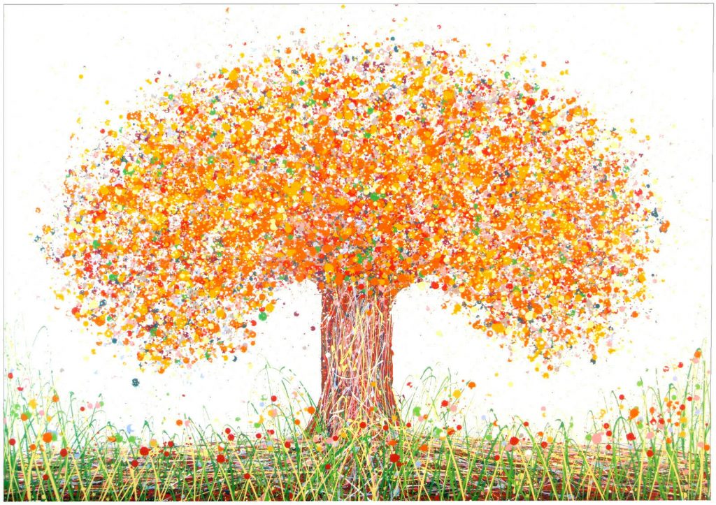 Original very large abstract tree painting with orange and yellow by Rich Gane