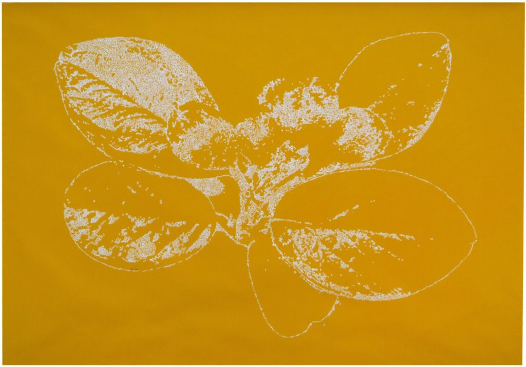 Very large abstract white dot and spot leaf and berry Pointillist painting on a yellow background by Rich Gane