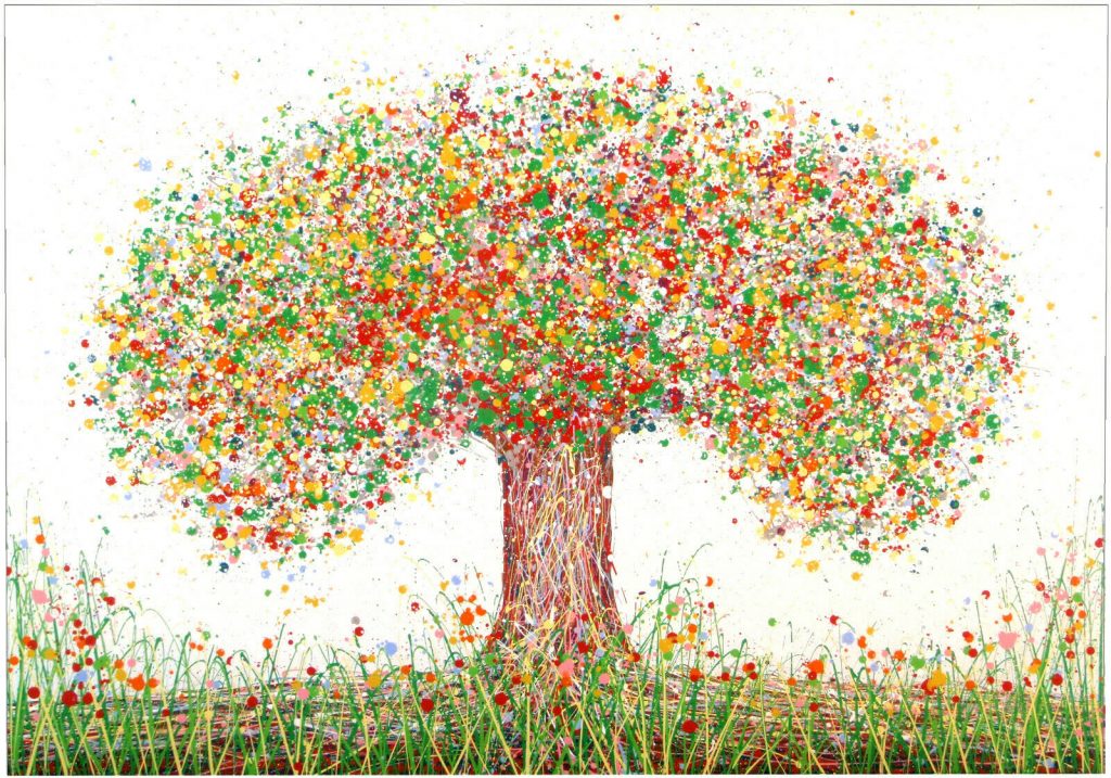Green and red abstract tree painting Really large modern art tree painting on canvas with green and red