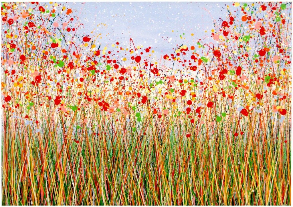 Original oversize abstract red poppy flower painting on a very large canvas by British artist Rich Gane