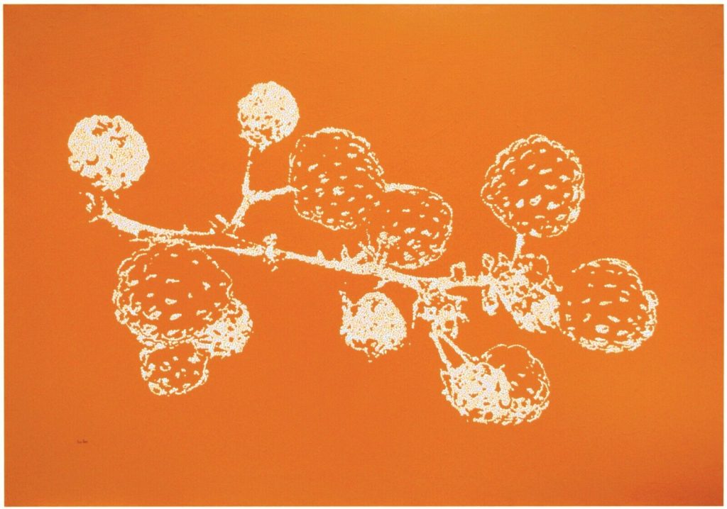 Original very large orange and white dot and spot still life painting of a bunch of blackberries
