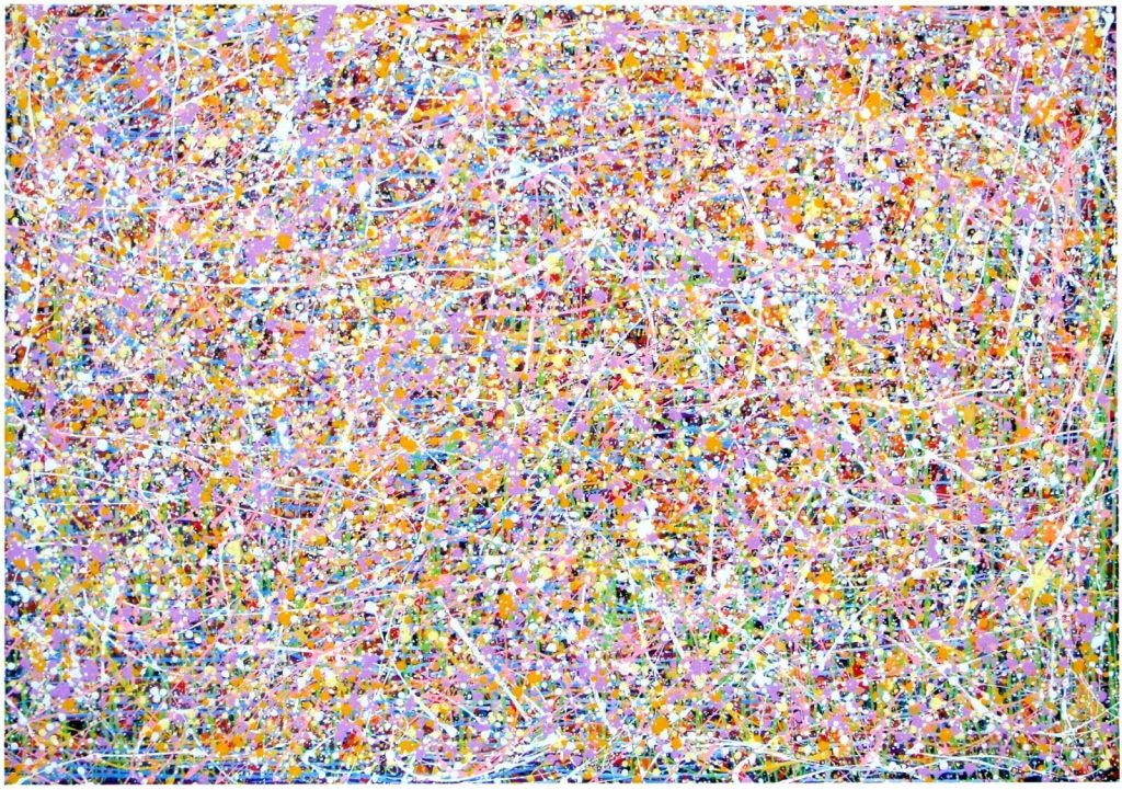 Large original lilac and yellow colourful dot and drip canvas painting by British artist Rich Gane