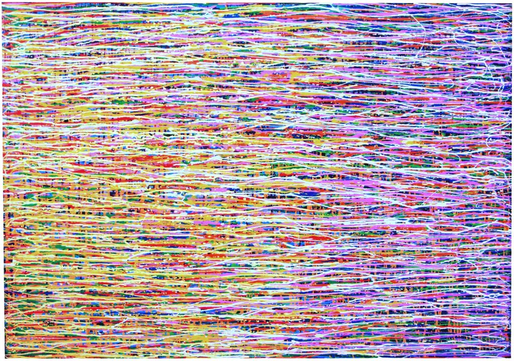 Original oversize horizontal drip painting by British artist Rich Gane on a very large canvas