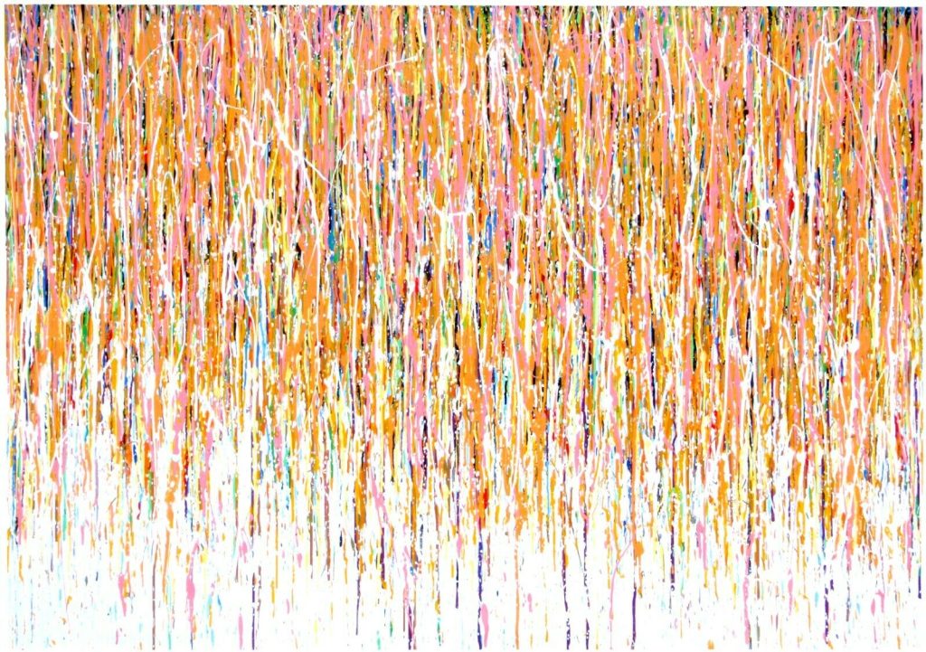 Oversize original pink and gold drip painting on canvas by Rich Gane