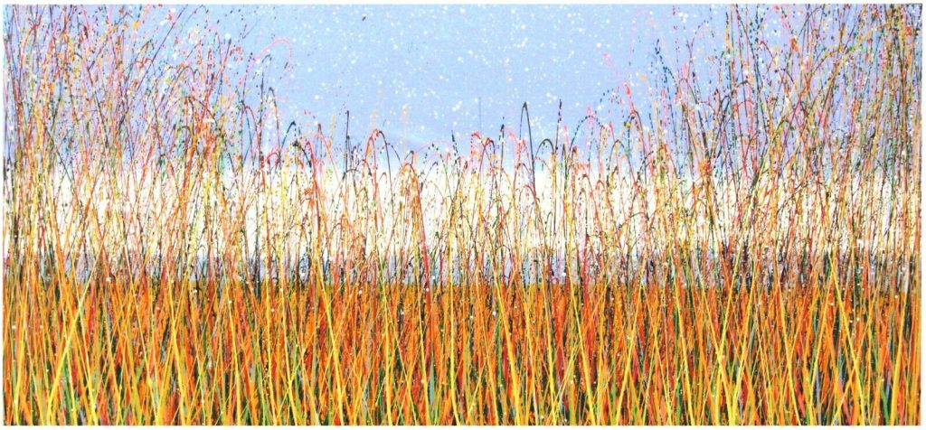 Original oversize abstract canvas painting by Rich Gane featuring a yellow grass meadow landscape modern art picture