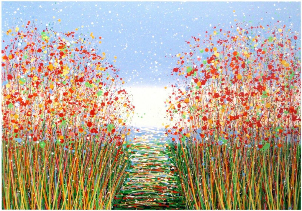 Original large abstract flower meadow landscape painting with red poppies, by British artist Rich Gane