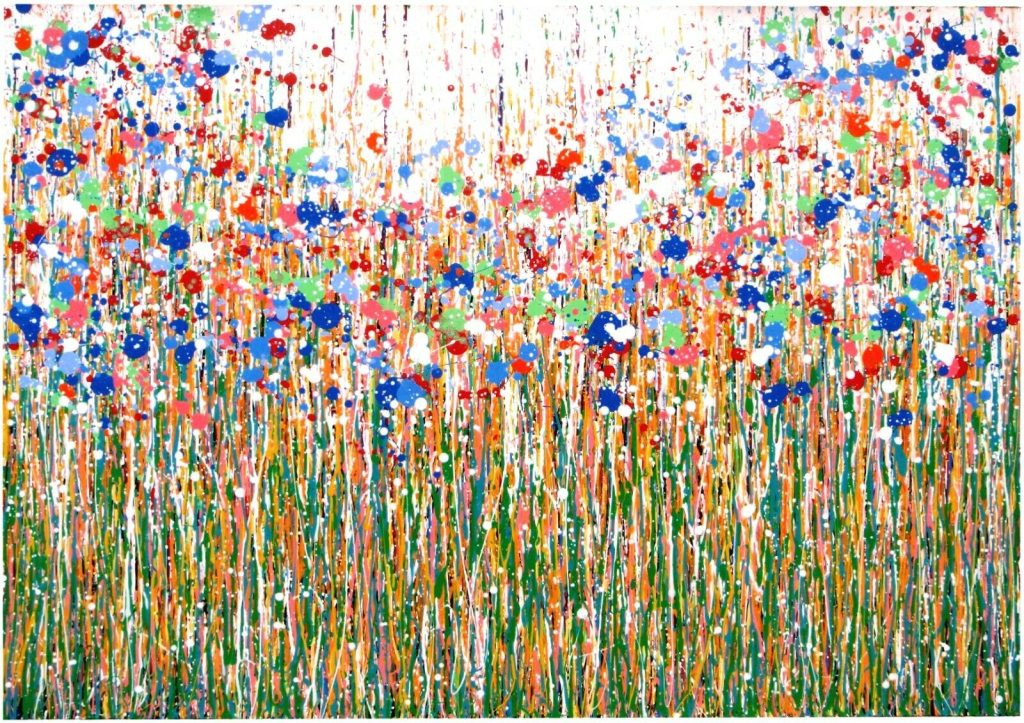 Vertical drip modern art blue flower painting Blue flower large abstract vertical drip landscape painting on canvas by Rich Gane