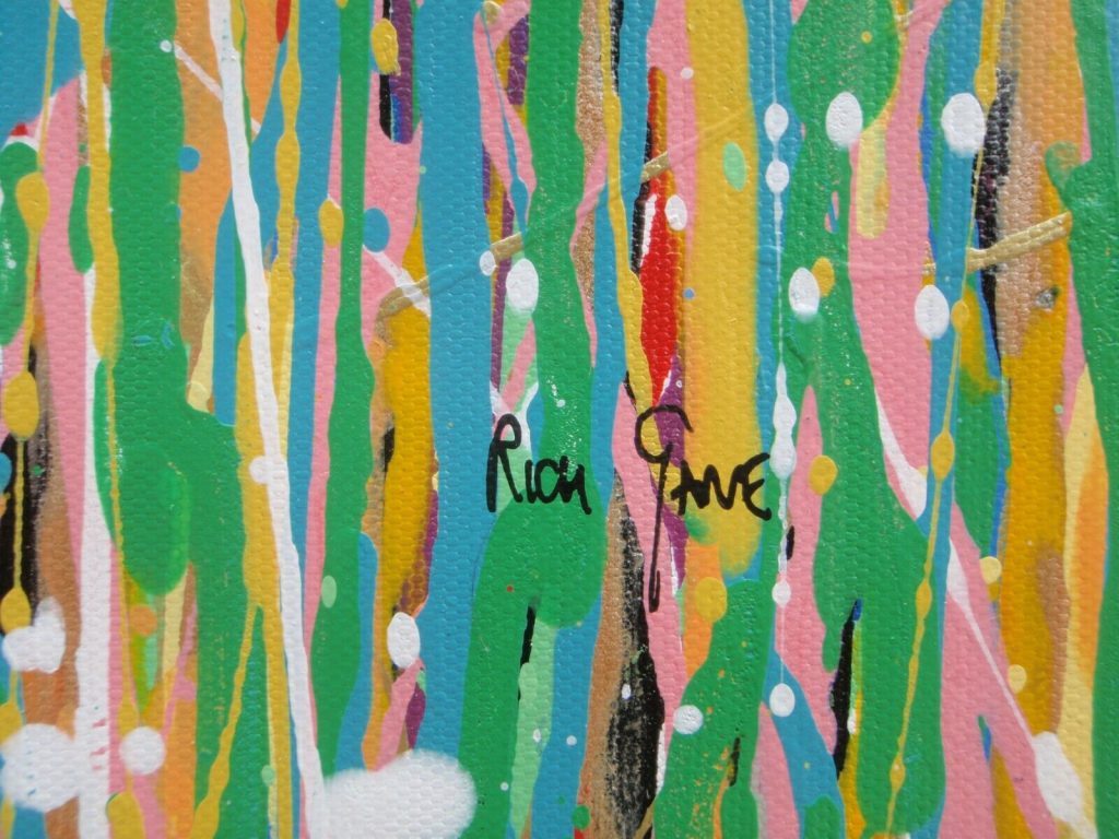 Large abstract art original blue flower canvas painting by British artist Rich Gane - detail