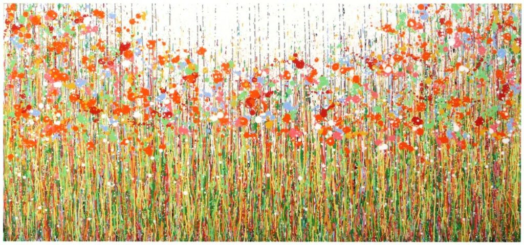 Panoramic drip painting with orange flowers Giant wall art original drip painting by Somerset artist Rich Gane, with colourful orange flowers