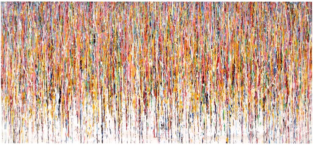 Large wall art original drip painting on a very wide canvas by British artist Rich Gane