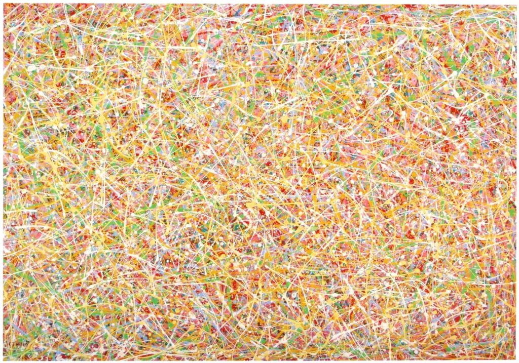 Original very large canvas wall art hand painted colourful drip painting by British artist Rich Gane for sale