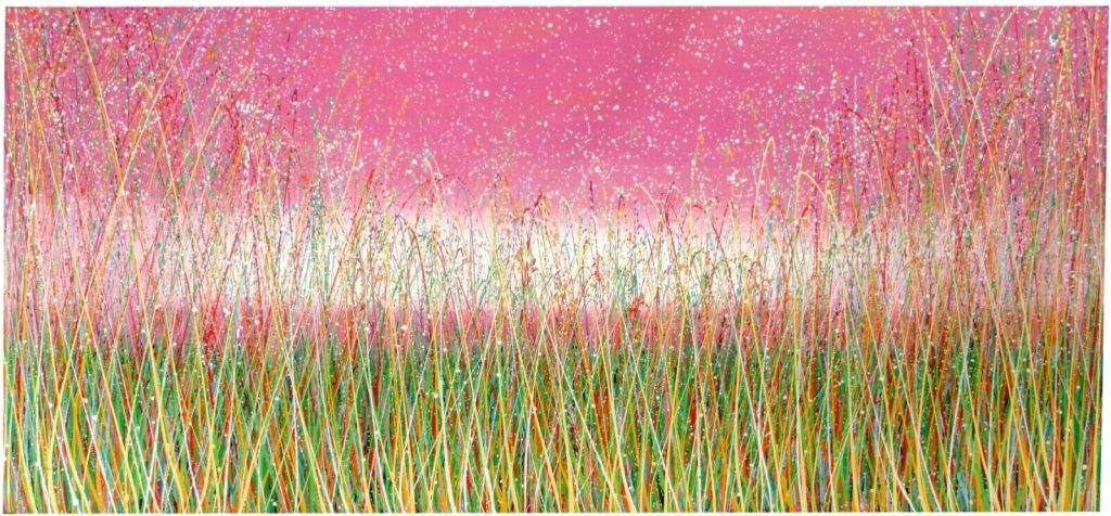 Original hand-painted very large landscape painting by Rich Gane with a grass meadow and pink sky
