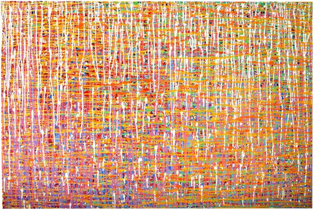 Original large abstract wall art colourful vertical and horizontal drip painting on canvas by Rich Gane - full view