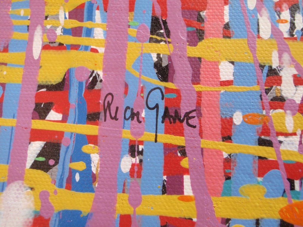 Original large abstract wall art colourful vertical and horizontal drip painting on canvas by Rich Gane - detail
