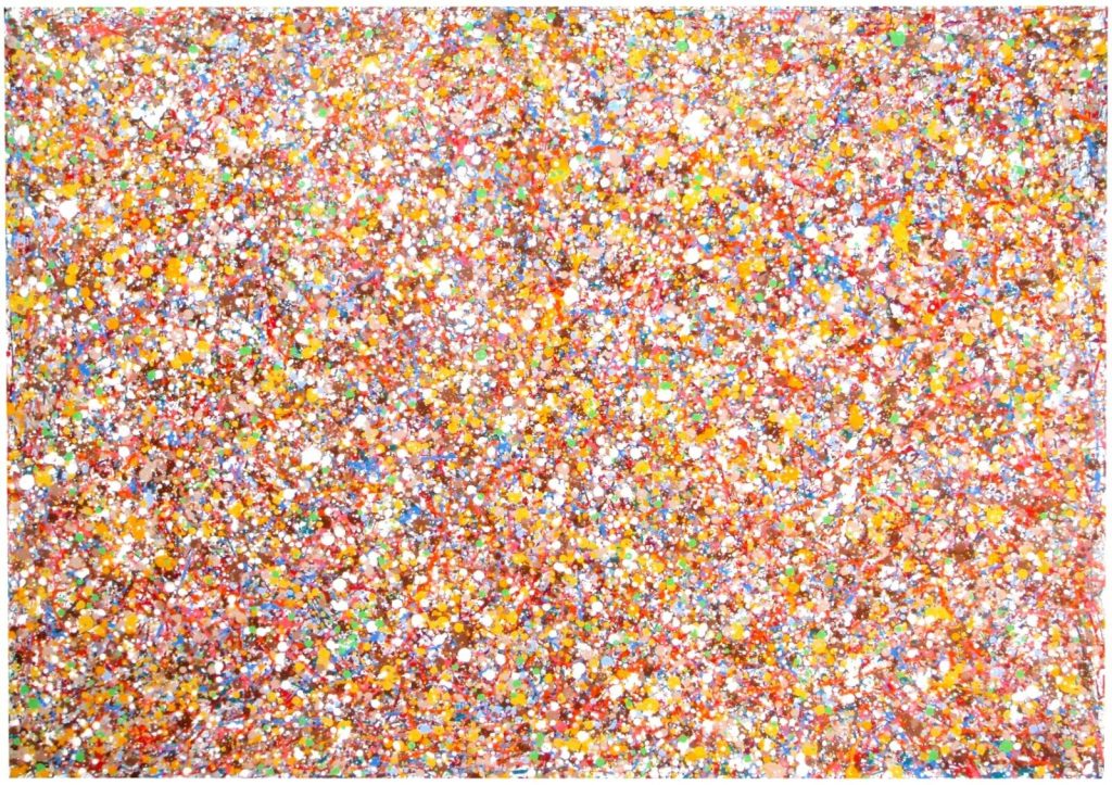 Hand painted original very big modern art canvas painting by British artist Rich Gane featuring lots of brown and yellow dots and spots of paint