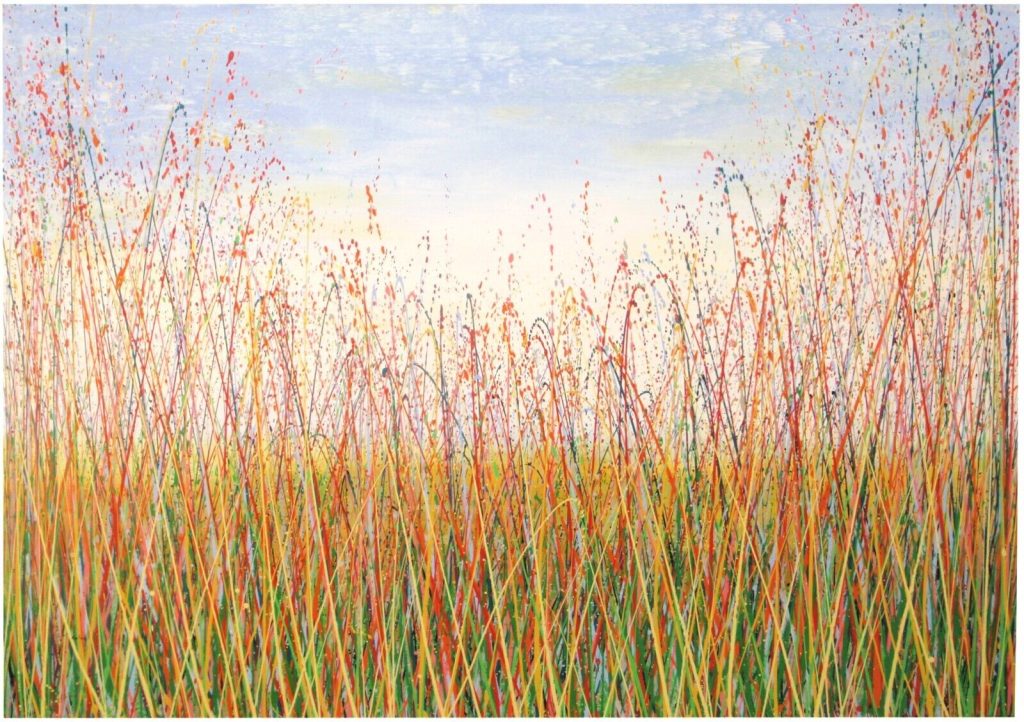 Original hand painted modern art landscape painting with colourful grass meadow for sale