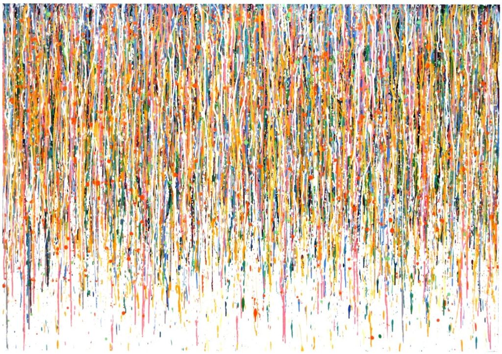Hand painted colourful abstract vertical drip painting on un-stretched canvas by Somerset artist Rich Gane
