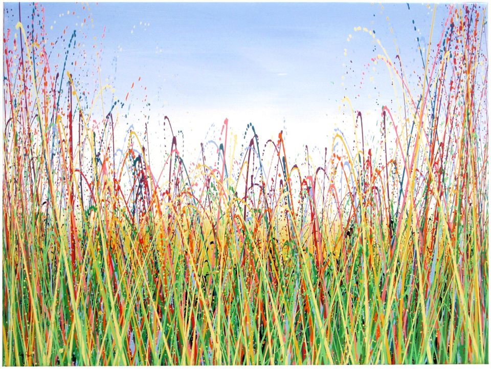 Hand-painted colourful landscape painting Drip and splash original big canvas wall art painting by Rich Gane featuring a colourful grass meadow under a blue sky