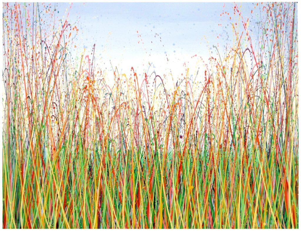 Big hand painted contemporary art grass meadow canvas Colourful grass meadow abstract painting on a large stretched canvas by Somerset artist Rich Gane