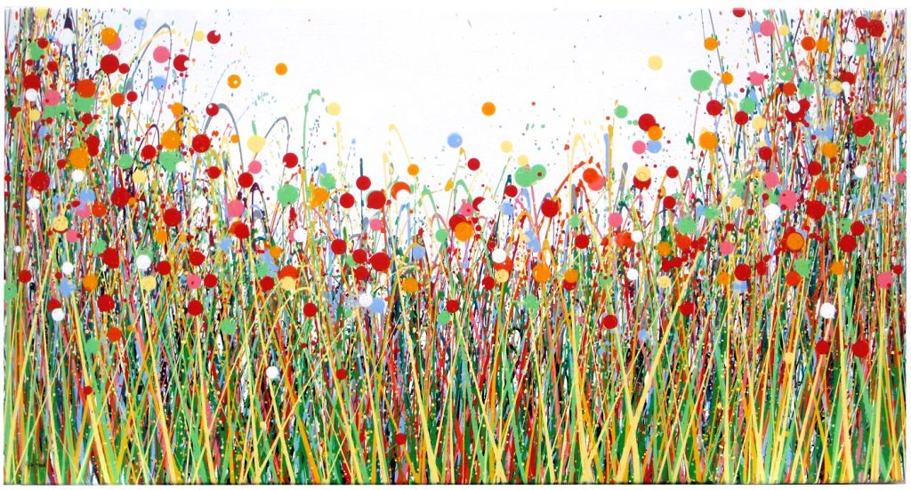 Hand painted original colourful grass meadow and flower painting on box canvas by Somerset artist Rich Gane