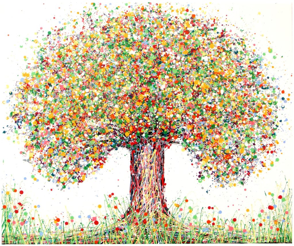 Green and yellow multi-coloured modern art tree painting on 120 cm box canvas by Somerset artist Rich Gane