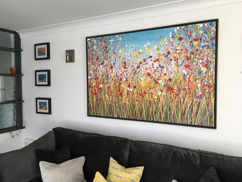 Contemporary black picture frame around my very large abstract flower painting