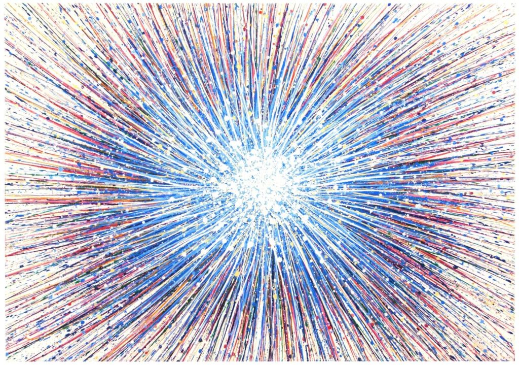 Blue starburst painting on white background Blue starburst energetic painting on a very large un-stretched white canvas by Rich Gane