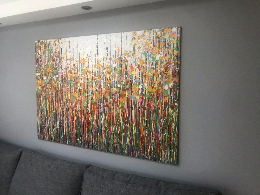 Customer showcase photo of my unique yellow and gold abstract flower drip painting