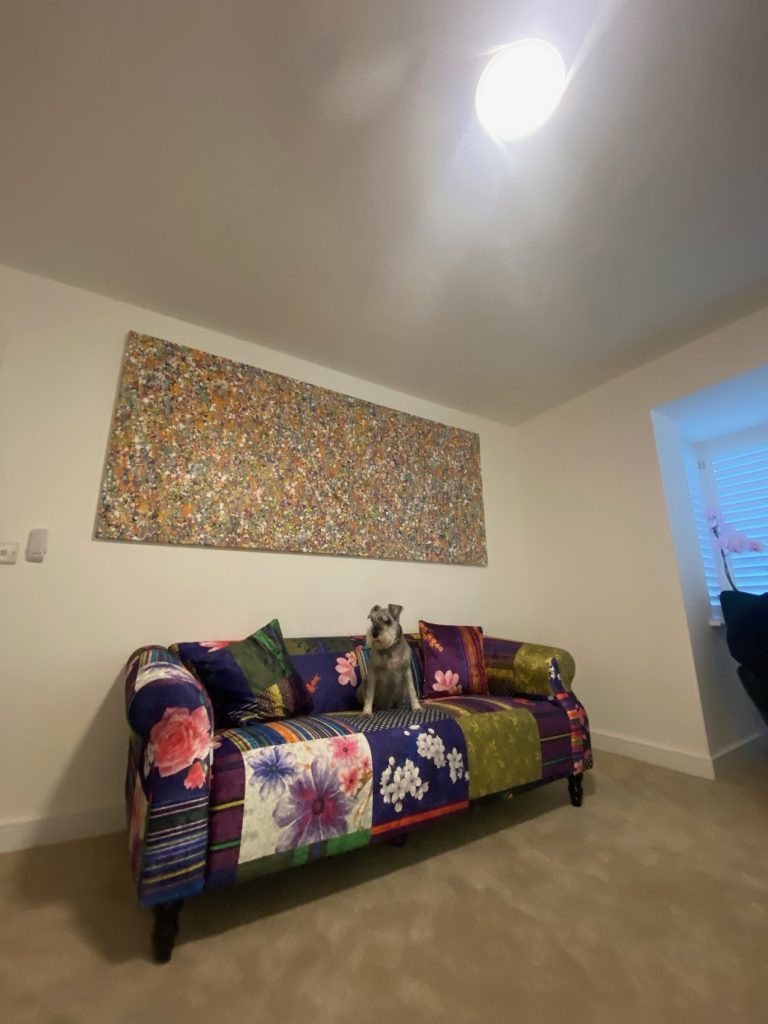 Customer showcase photo of my really wide dot and spot colour canvas wall art painting