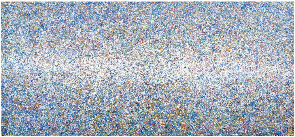 Huge original hand painted oversize blue dot and spot abstract painting on really wide un-stretched canvas