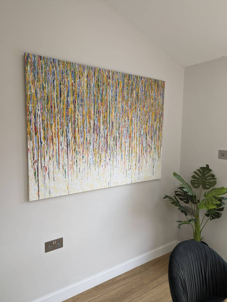 Rich Gane Art hand painted 160cm by 112cm original vertical drip painting on display in my customer's home