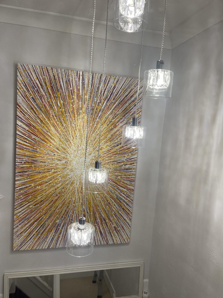 149 cm x 101 cm original yellow and orange star painting on canvas - customer showcase photo