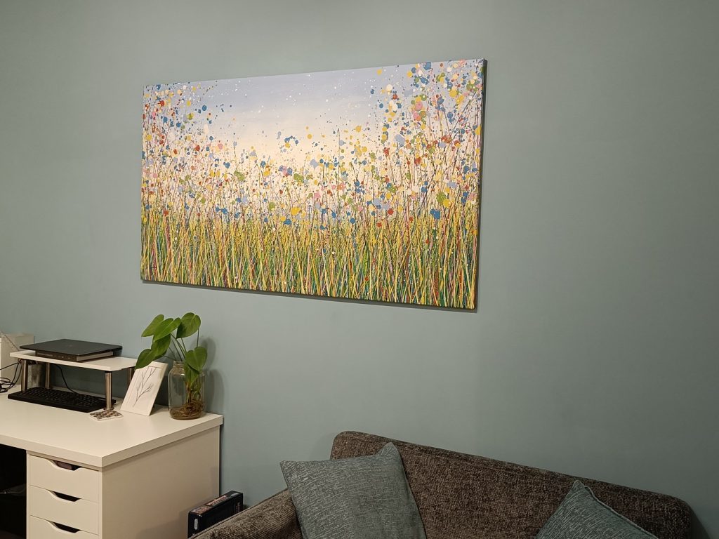 Customer showcase photo of my very large 152cm by 86cm original hand painted flower painting