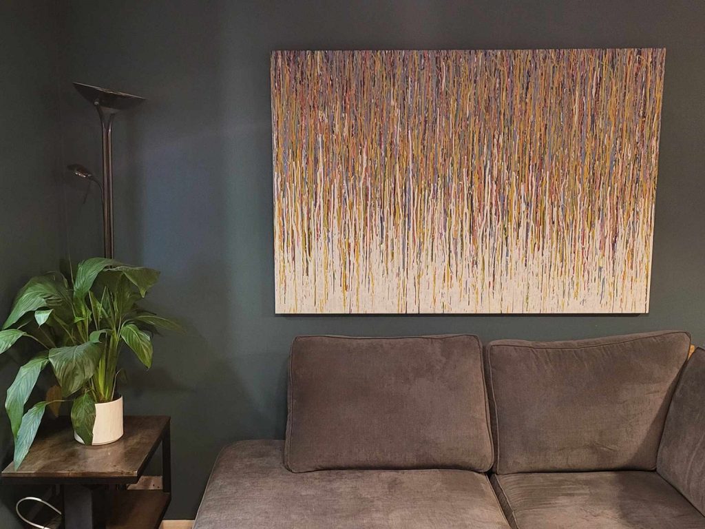 158 cm by 112 cm customer showcase photo of my original colourful vertical drip painting on canvas