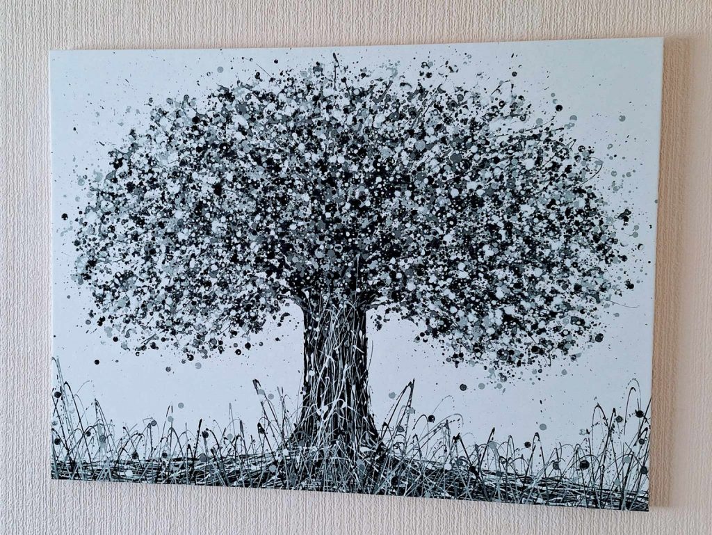 Customer showcase photo of my 125 cm wide by 95 cm tall original black and white tree painting on canvas