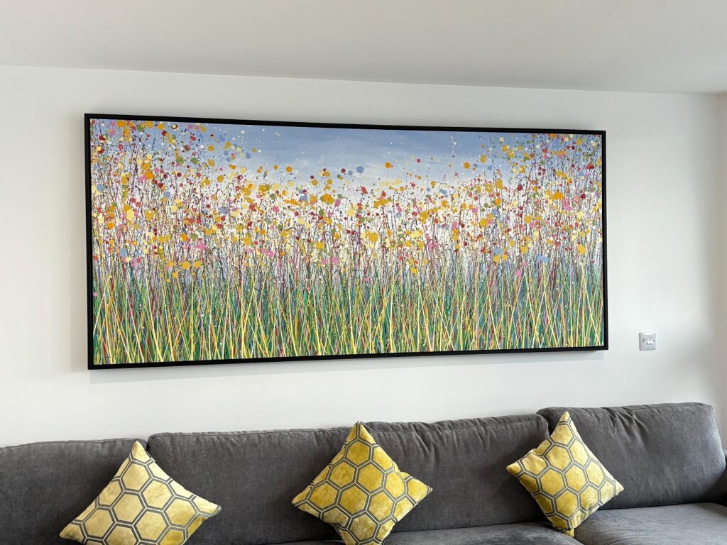 Customer showcase photo of my 244 cm by 112 cm original abstract yellow flower meadow painting on canvas