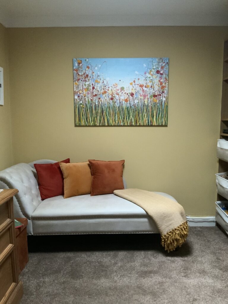 100 cm by 70 cm flower meadow painting Customer showcase photo of my big 100 cm by 70 cm original colourful flower meadow painting on a stretched canvas