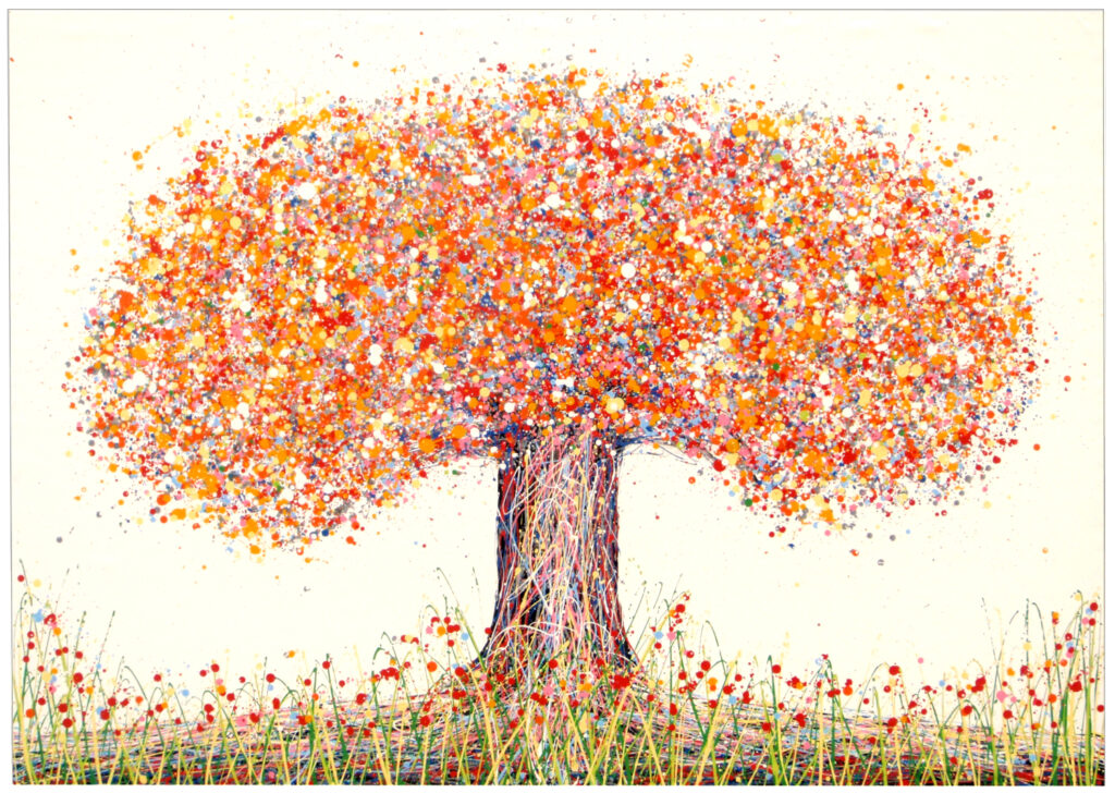 214 cm by 152 cm original abstract tree painting with orange, red and yellow, on an un-stretched canvas