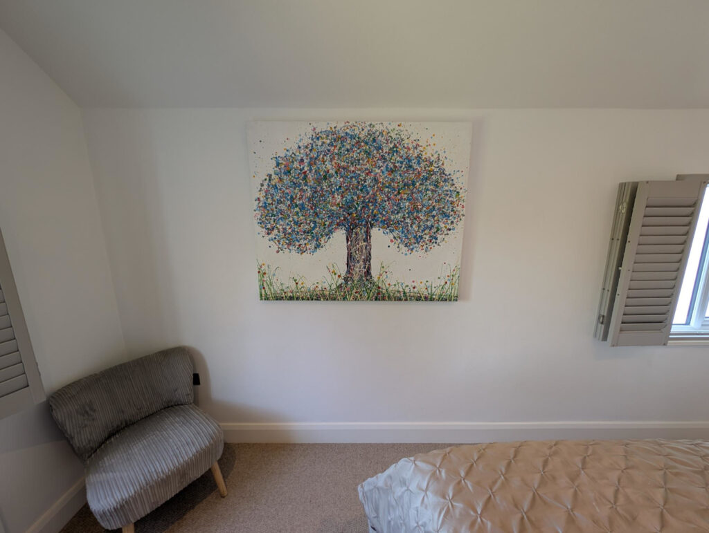120 cm by 100 cm blue tree painting Customer showcase photo of my original blue tree painting on a large 120 cm by 100 cm canvas